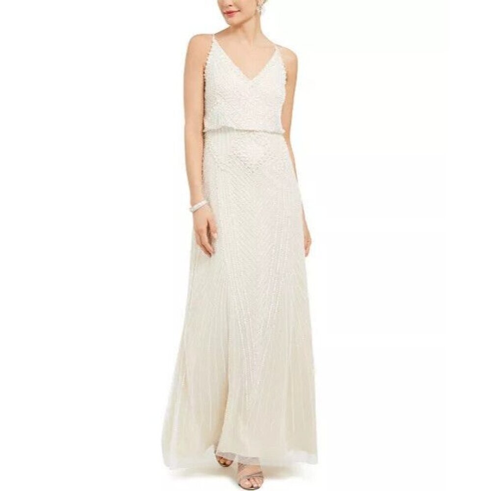 NWT Adrianna Papell Womens Ivory Sleeveless V Neck Embellished Maxi Dress 16W